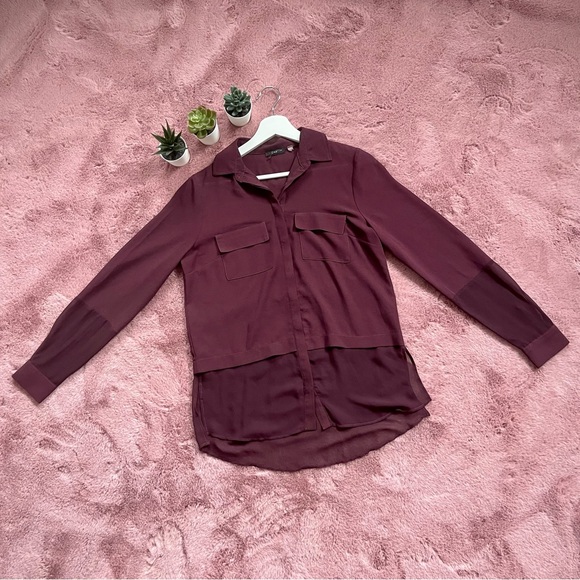 Dex Burgundy Sheer Layered Button-Up Blouse Size Small (Work Attire/Office Wear) - Picture 5 of 6